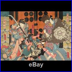 1786-1864 Toyokuni Japanese Woodblock Print Ukiyo-e SAMURAI geisha antique REAL