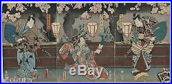 1855 TOYOKUNI Orig JAPANESE Triptych Woodblock Print KABUKI Actors Samurai