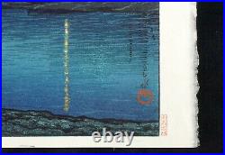 1930 Japanese Color Woodblock Print Omori Beach at Night by Kawase Hasui (TeN)