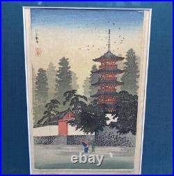 1930s Takahashi Shotei Japanese Woodblock Print the Temple of Kinugasa, Framed