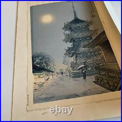 1930s Uchida Benji Asada Japanese Woodblock Print Pagoda of Kiyomizu Temple Moon
