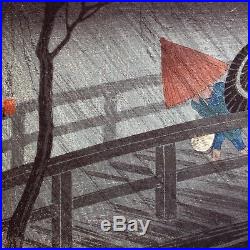 1932 Hiroaki Takahashi Shotei Japanese Woodblock Night Shower Rain Izumi Bridge