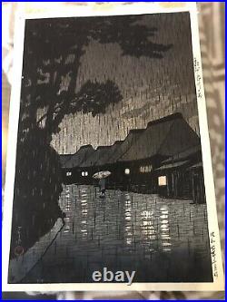 1932 Japanese Color Woodblock Print Rain at Maekawa by Kawase Hasui Wantanabe