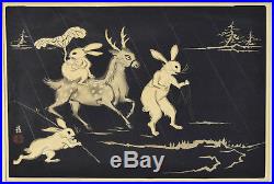 1950 Tokuriki Tomikichiro Japanese Woodblock Print Fantastical Rabbits & Deer