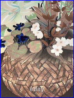 1950s Japanese Wood-Block Print Flowers In Bamboo Basket by Bakufu Ohno-Sign
