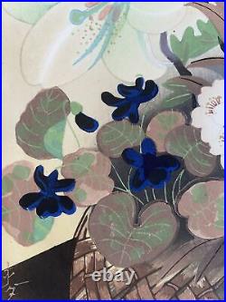 1950s Japanese Wood-Block Print Flowers In Bamboo Basket by Bakufu Ohno-Sign