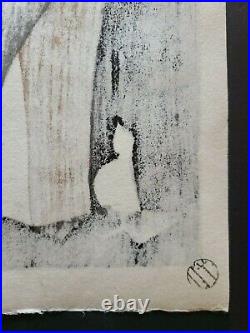 1950s Kaoru Kawano (1916-1965) Woodblock Print Doves and Girl, Unframed