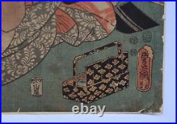 19c Japanese Original Antique Old Woodblock Print Triptych of Samurai Oiran