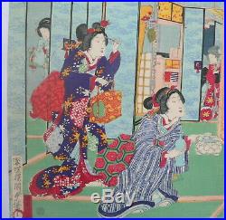 19c Japanese Original Old Woodblock Print Triptych Of Geisha Oiran by Kunisada