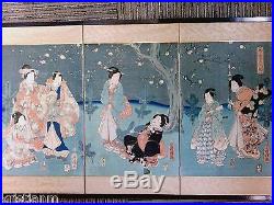 19th c Japanese Woodblock Print Table Screen Woman Samurai Swords, Signed