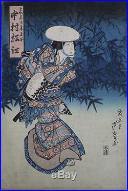 19thc. Japanese Woodblock Triptych Print By Rare artist Rakkeken Yoshiyuki