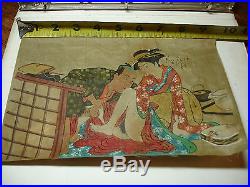 2 Antique JAPANESE SHUNGA Woodblock PRINTS ON SILK 9.5x 6.5 Orig Art Signed