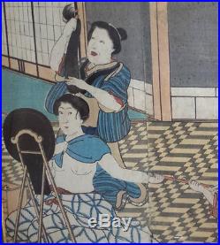 2 Japanese Utagawa Kuniyoshi Woodblock Prints-Warrior & Geisha exposing breasts