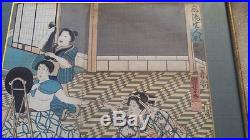 2 Japanese Utagawa Kuniyoshi Woodblock Prints-Warrior & Geisha exposing breasts