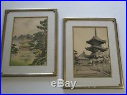 2 Japanese Woodblock Print W Ornate Frame Temple Landscape Signed Traditional