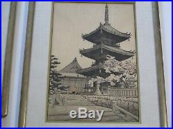 2 Japanese Woodblock Print W Ornate Frame Temple Landscape Signed Traditional