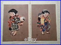 2 KIYOSHI SAITO JAPANESE 16 x 10.5 WOODBLOCK PRINTS CHILDREN SIGNED & CHOP MARK