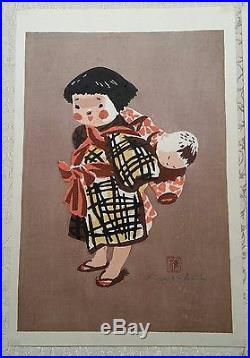 2 KIYOSHI SAITO JAPANESE 16 x 10.5 WOODBLOCK PRINTS CHILDREN SIGNED & CHOP MARK