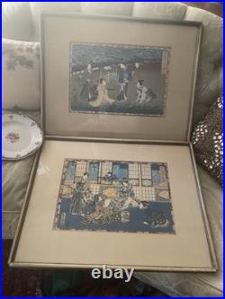 2 Utagawa Kunisada Toyokuni III Antique 19th C. Woodblocks Japanese Pair 14 X 9