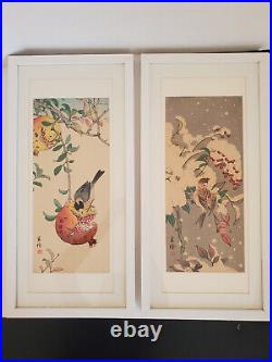 2 VTG Hashimoto Yuzuru Jo Woodblock Prints Sparrow Birds Fruit Framed Set