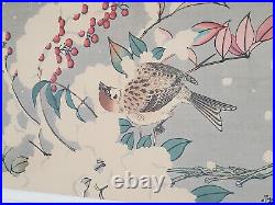 2 VTG Hashimoto Yuzuru Jo Woodblock Prints Sparrow Birds Fruit Framed Set