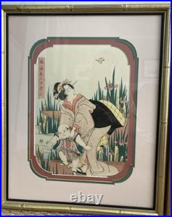 2 Vintage Japanese Woodblock Prints KIKUKAWA EIZAN Elaborately Matted & Framed