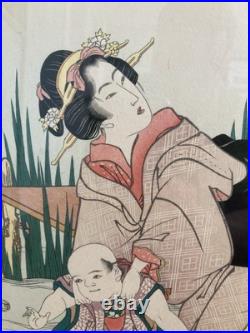 2 Vintage Japanese Woodblock Prints KIKUKAWA EIZAN Elaborately Matted & Framed