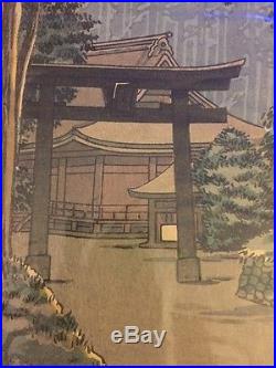 5 antique ORIGINAL STRIKE japanese woodblock MINT CONDITION tall trees withtemple