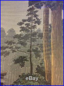5 antique ORIGINAL STRIKE japanese woodblock MINT CONDITION tall trees withtemple