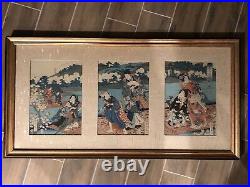 ANTIQUE JAPANESE WOODBLOCK PRINT Triptych Traveling by Water -Gorgeous