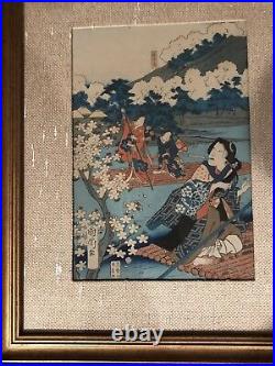 ANTIQUE JAPANESE WOODBLOCK PRINT Triptych Traveling by Water -Gorgeous