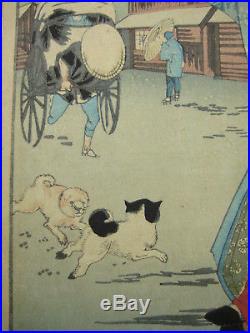 ANTIQUE JAPANESE c. 1889 UKIYOE WOODBLOCK PRINT GEISHA SNOW STORM BY CHIKANOBU