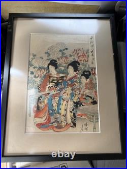 ANTIQUE Japanese Woodblock Art Print CHIKANOBU 1890s WOMEN & FLOWERS vintage art