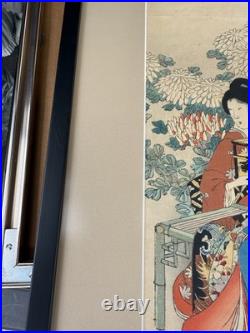 ANTIQUE Japanese Woodblock Art Print CHIKANOBU 1890s WOMEN & FLOWERS vintage art