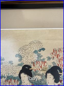 ANTIQUE Japanese Woodblock Art Print CHIKANOBU 1890s WOMEN & FLOWERS vintage art