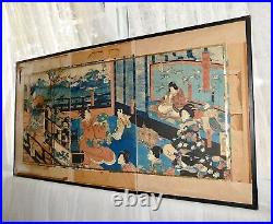 ANTQ Utagawa Kunisada-Toyokuni III Japan Triptych Woodblock Print Toshimada Seal