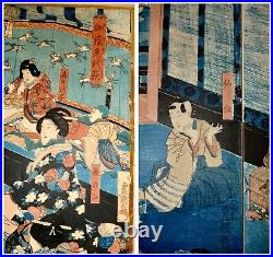 ANTQ Utagawa Kunisada-Toyokuni III Japan Triptych Woodblock Print Toshimada Seal