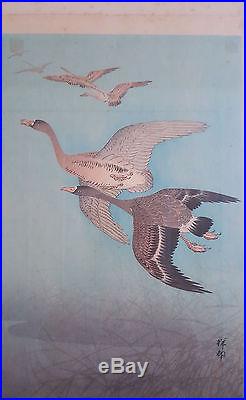 Antique 1920s Ohara Koson Shoson Japanese Woodblock Print Flying Geese and Reeds