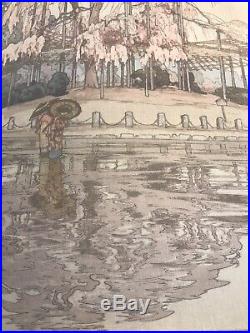 Antique 1935 Japanese artist Yoshida Hiroshi WOODBLOCK Yozakura In Rain Asian