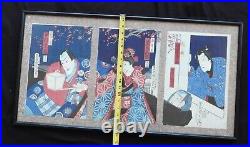 Antique Framed Japanese Toyohara Kunichika Triptych Woodblock Print Framed