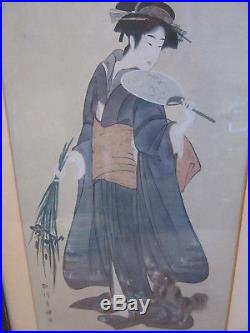 Antique Framed Japanese Woodblock Utagawa Toyokuni bijin-ga woman & flowers, dog
