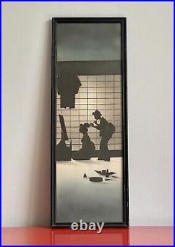 Antique Geisha Silhouette Woodblock Print Japan Hasegawa Takejiro Framed 8 x 21