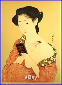 Antique Hashiguchi Goyo A Girl In Makeup Ukiyo-e Nishiki-e Woodblock Print