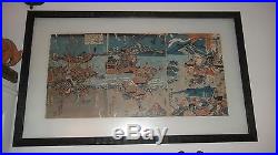 Antique Japanese Authentic Woodblock Print Triptych Fight Of A Samurai Warriors
