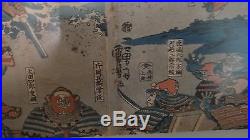 Antique Japanese Authentic Woodblock Print Triptych Fight Of A Samurai Warriors