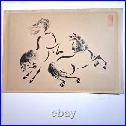 Antique Japanese Fighting Stallions Horses Original Signed Woodblock Print