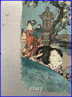 Antique Japanese Kunisada / Toyokuni III Woodblock Print Women in Landscape