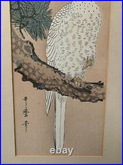 Antique Japanese Meiji Era Framed Woodblock Print Eagle Hawk Falcon Wall Art