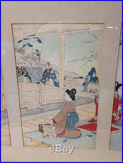 Antique Japanese Meiji Watanabe Nobukazu Triptych Woodblock Print Noh Play