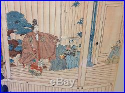 Antique Japanese Meiji Watanabe Nobukazu Triptych Woodblock Print Noh Play
